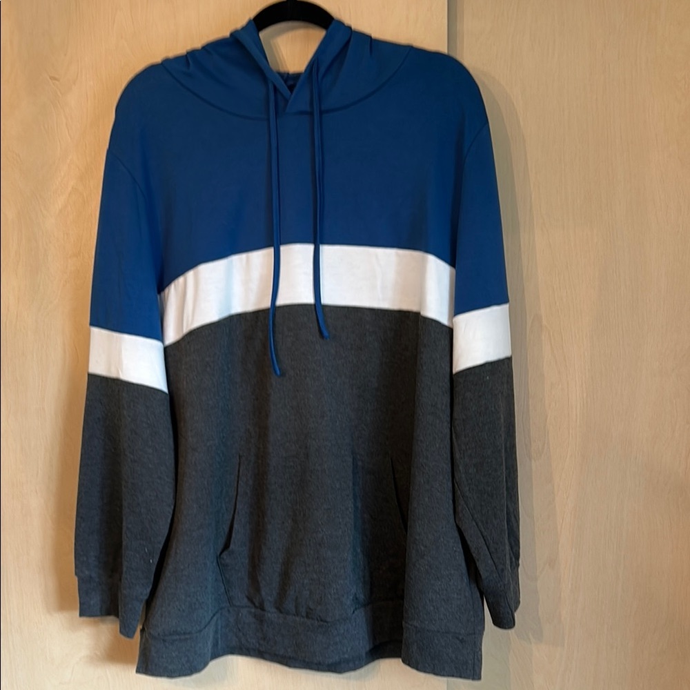 Color-Blocked Blue and Gray Pullover Shirt with Hood